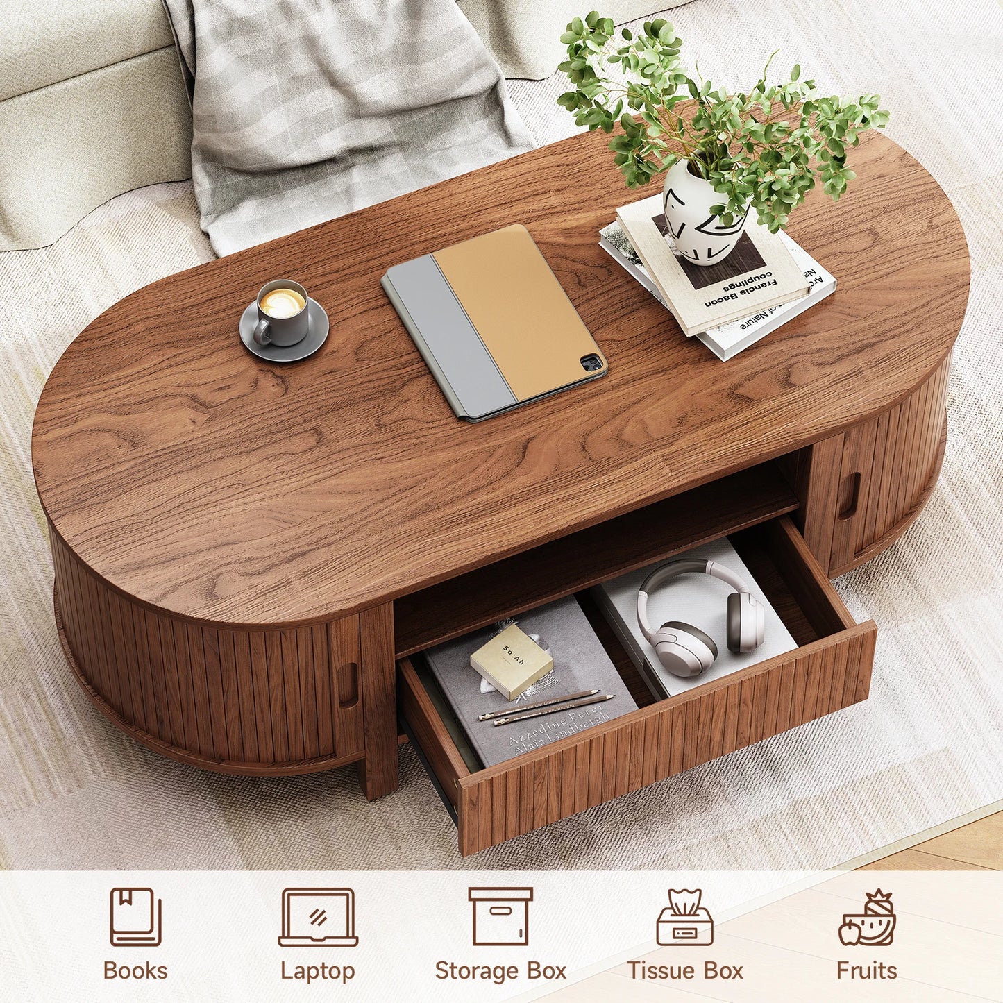 Oval Coffee Table With Storage Cabinets And Sliding Doors