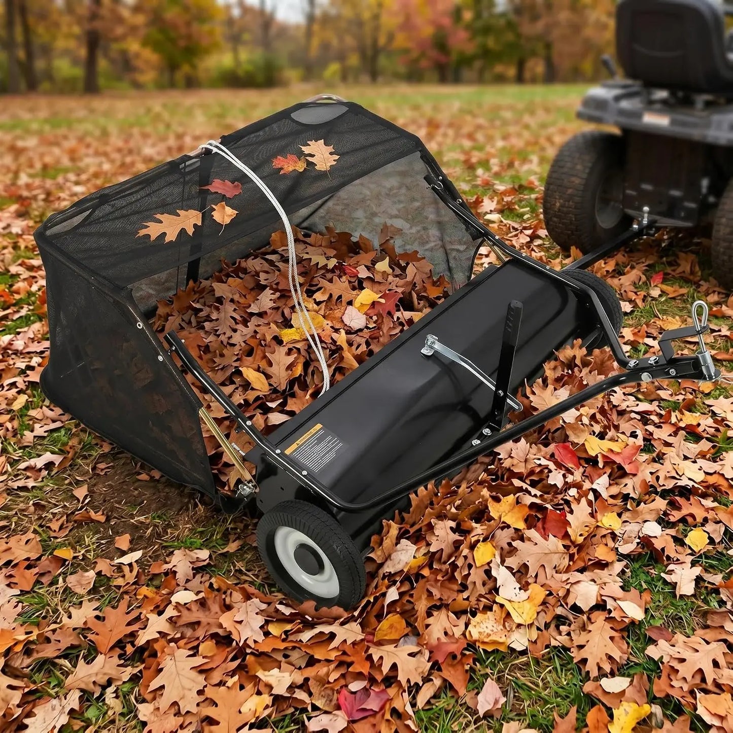 HiMISS Tow Behind Lawn Sweeper With Hopper And Adjustable Height