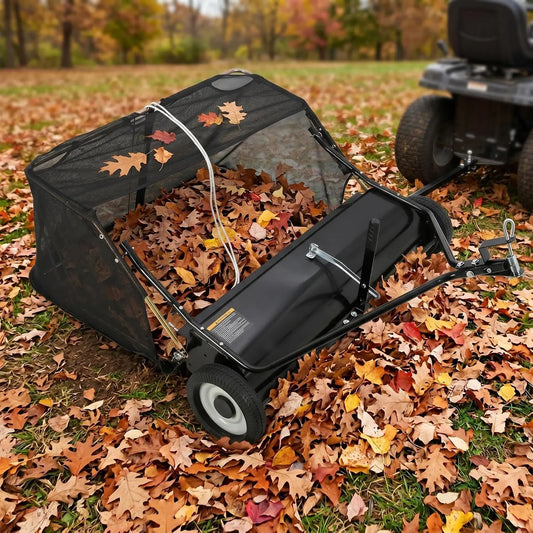 HiMISS Tow Behind Lawn Sweeper With Hopper And Adjustable Height