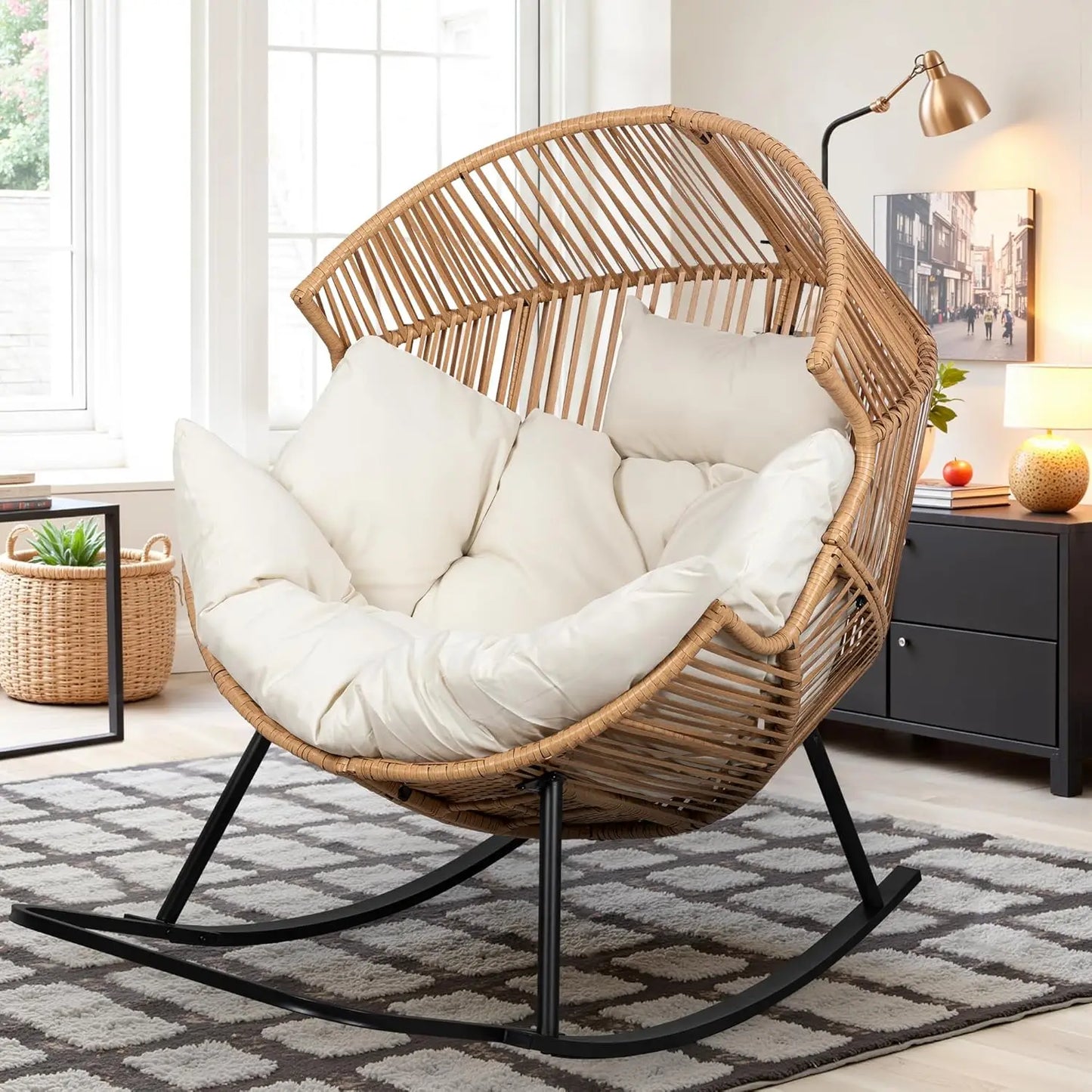 Wicker Rocking Egg Chair With Cushion For Indoor Outdoor Use