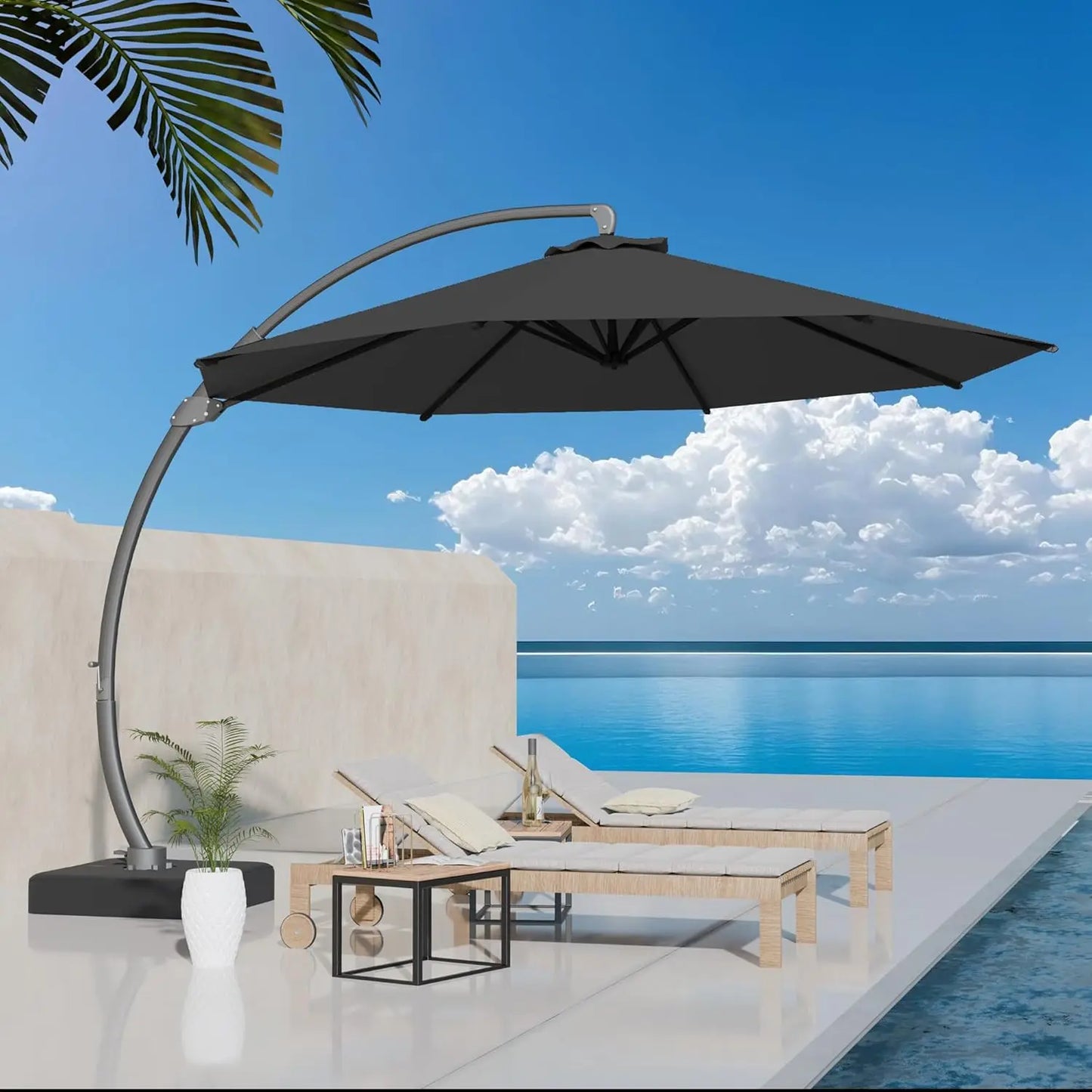 Aluminum Patio Umbrella With Base Cantilever Rotating 360 Degree