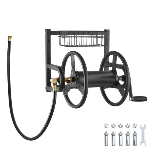 SucceBuy Wall Mounted Garden Hose Reel With Brass Fittings And Basket