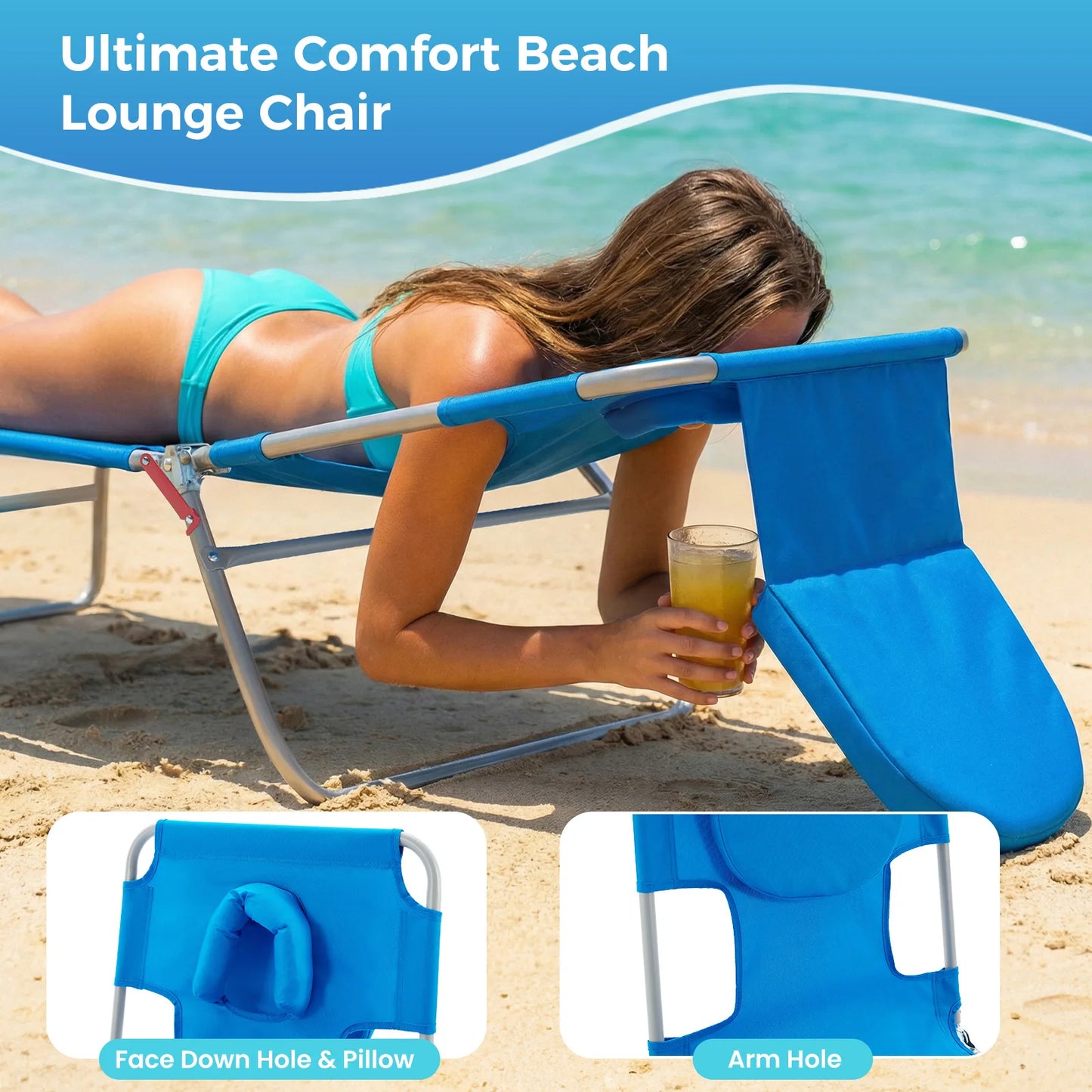 JHK 5-Position Adjustable Reclining Beach Lounge Chair With Arm Holes