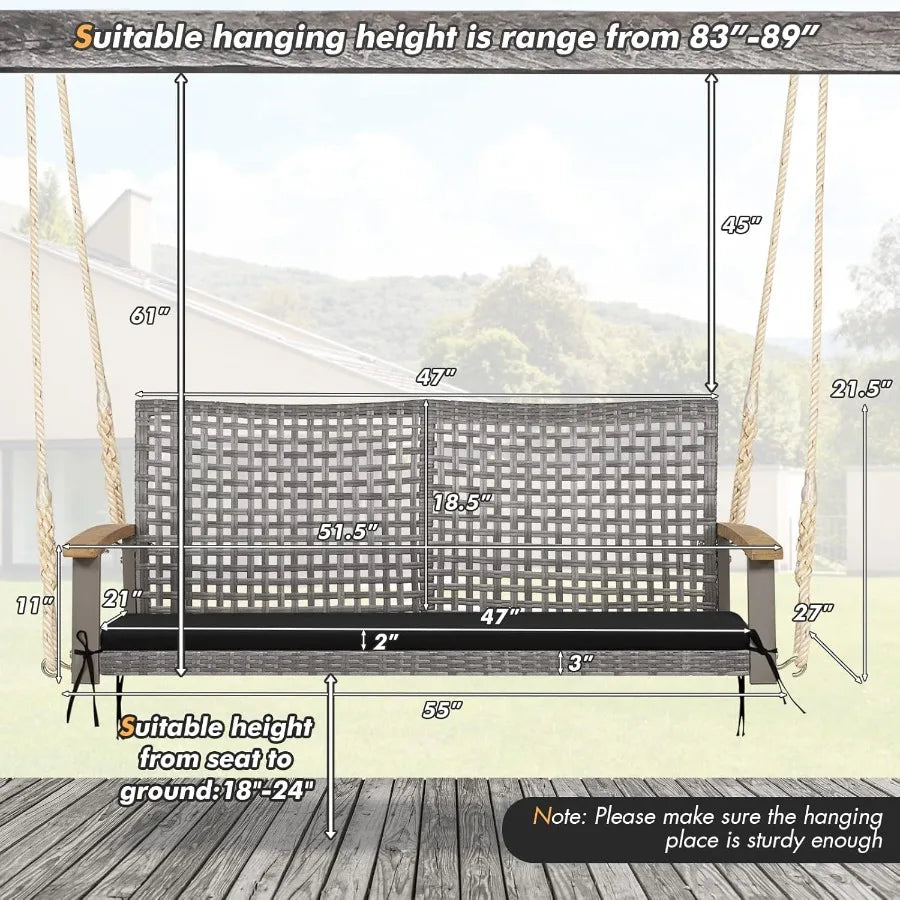 Durable Outdoor Hanging Porch Swing With Cushion For Two