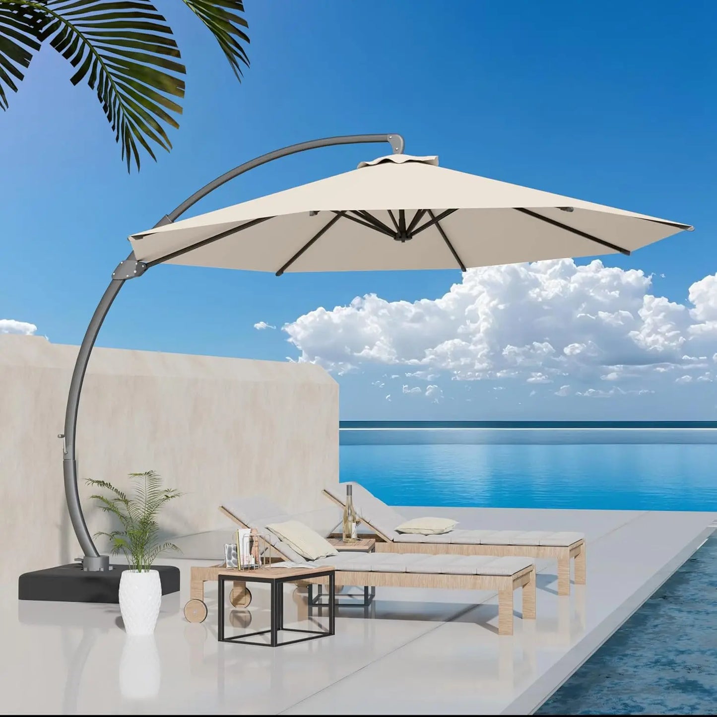 Aluminum Patio Umbrella With Base Cantilever Rotating 360 Degree