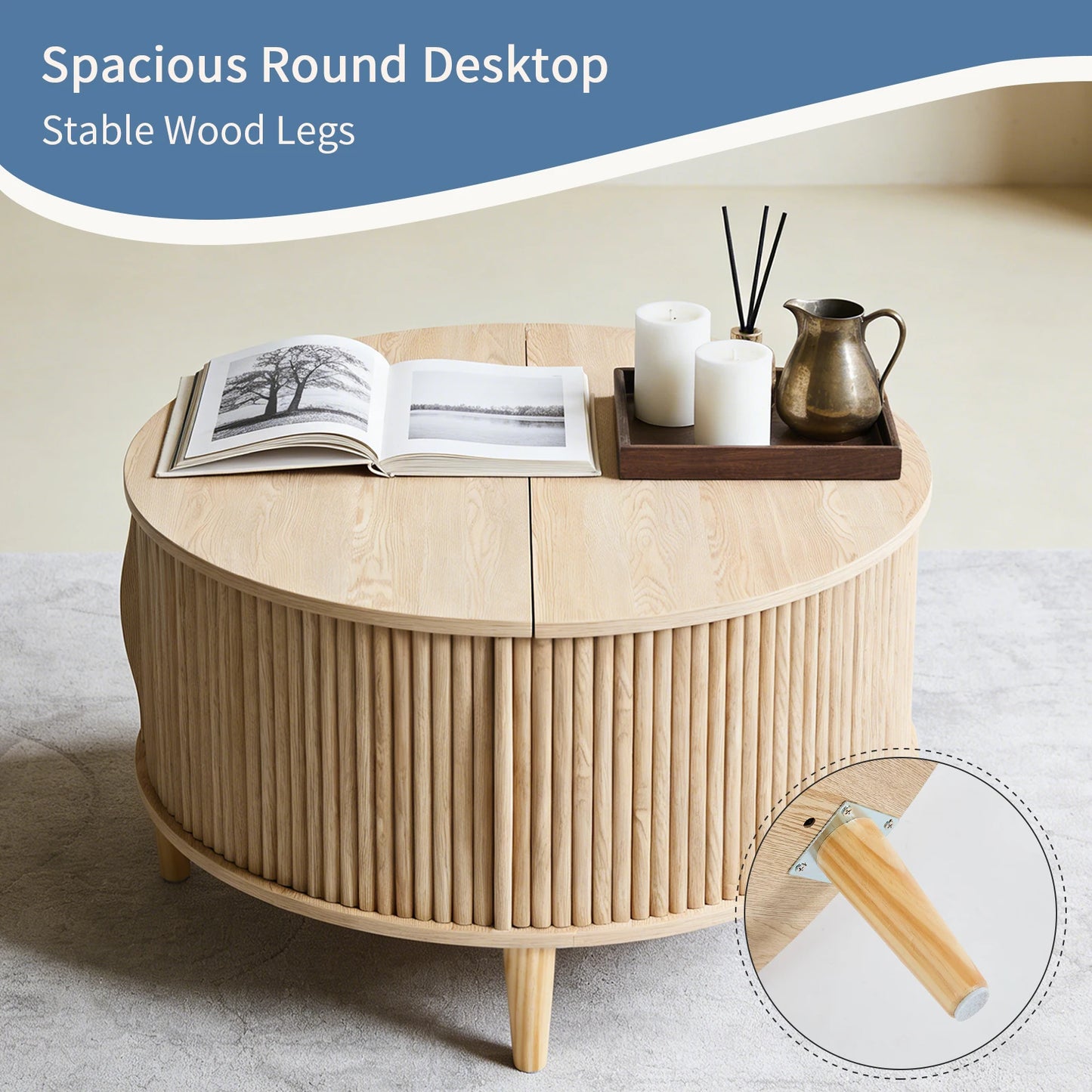 JHK Round Coffee Table With Flip Top Storage 2 Tier