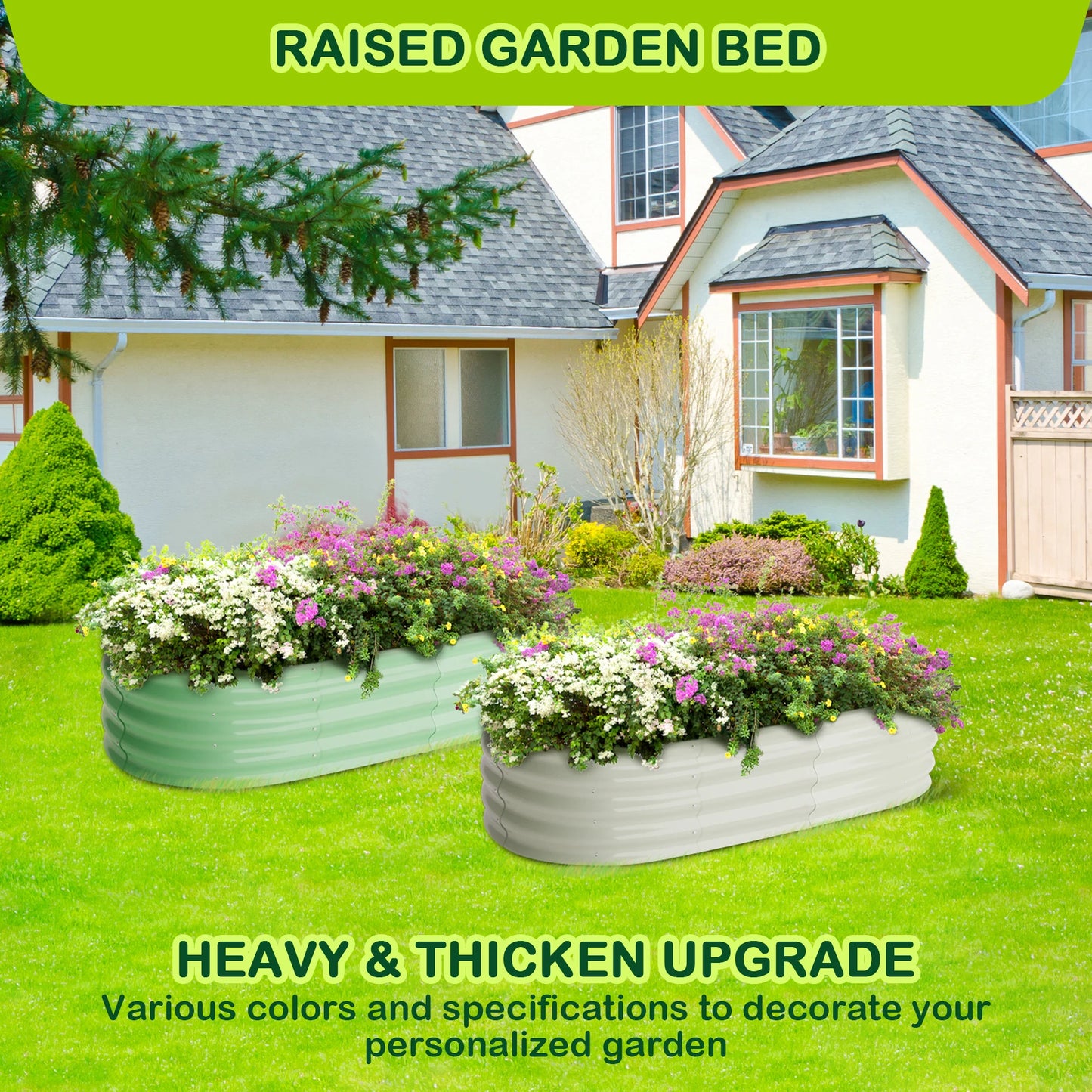 HiMISS Oval Galvanized Raised Garden Bed Set Open Ended Planter