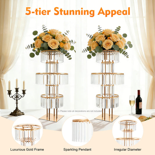 Five Tier Gold Acrylic Wedding Flower Stand Crystal Style Centerpiece