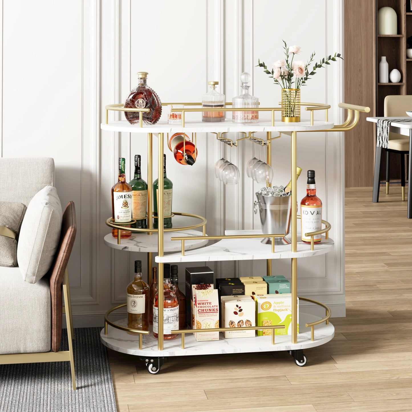 TWISTER.CK Gold Bar Cart With 4 Tier Wine Rack Wheeled