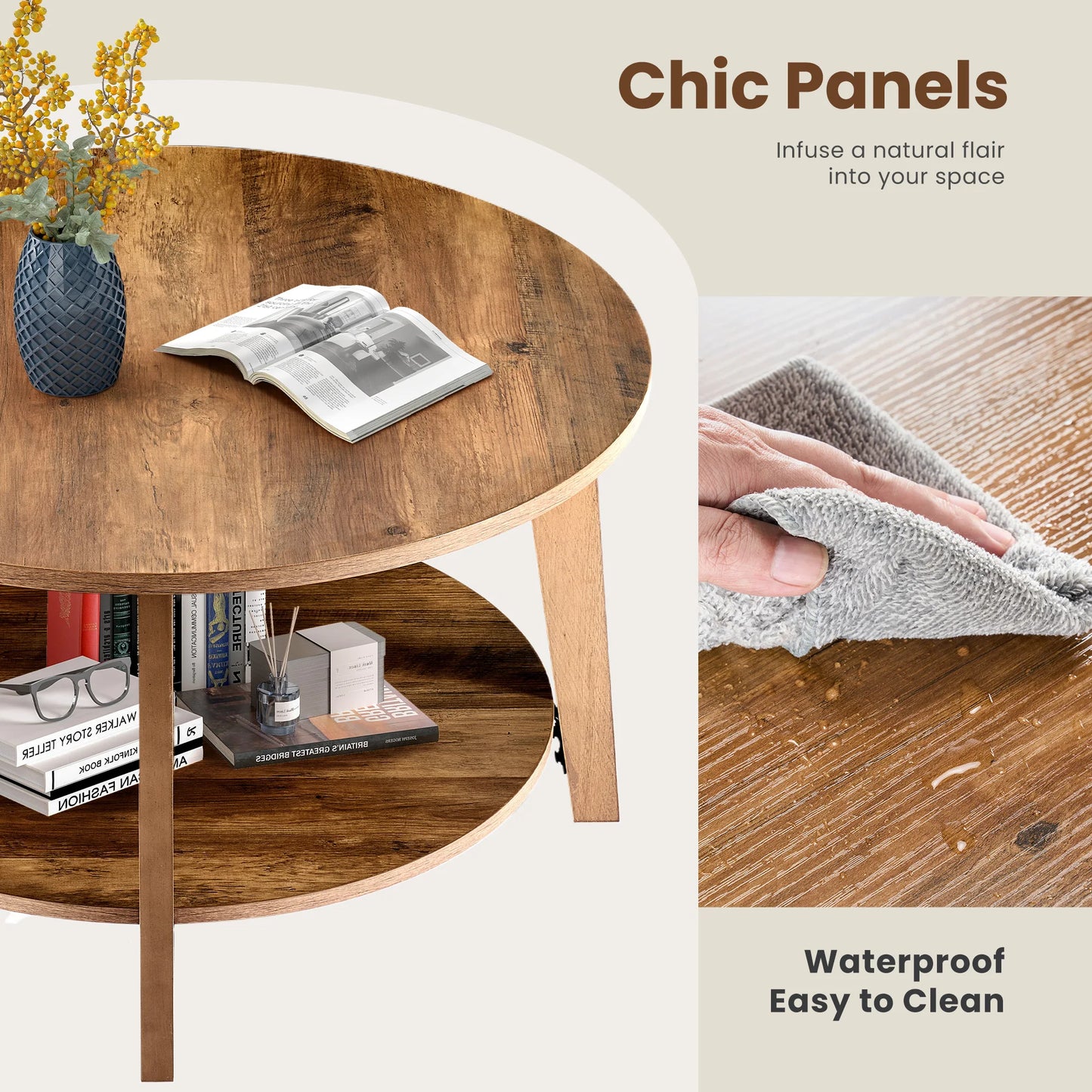 JHK Wood Round Coffee Table With Storage And SlipResistant Feet