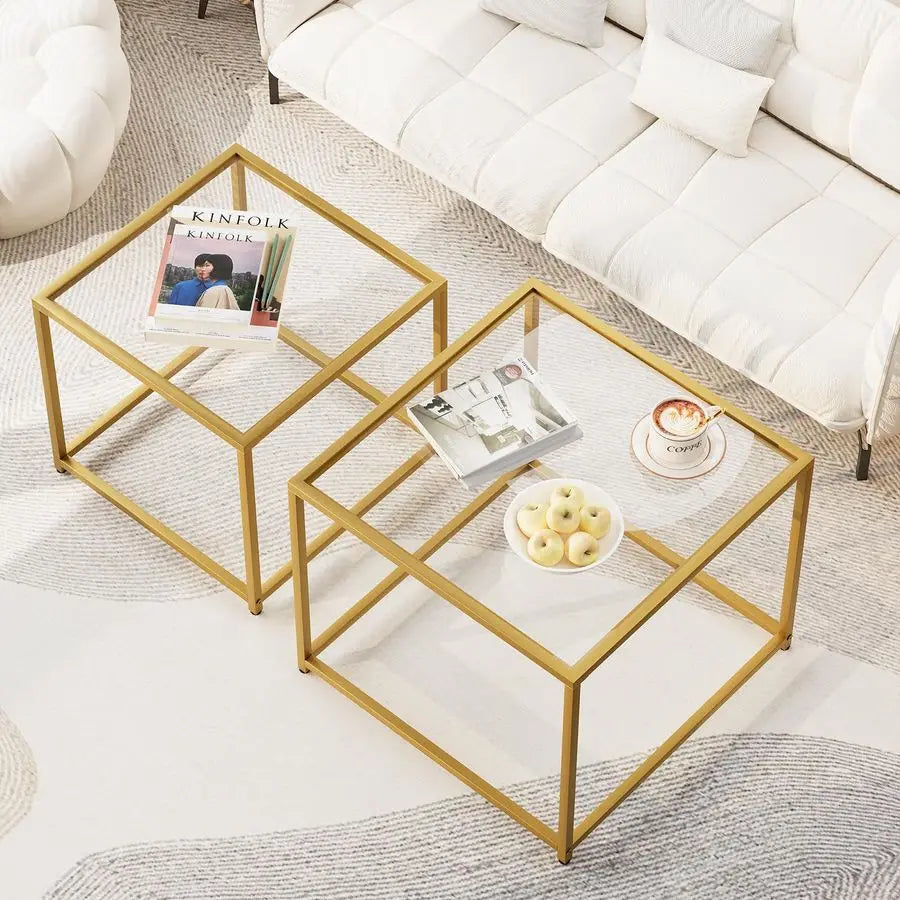 Glass Nesting Coffee Tables Set of 2 With Metal Frame