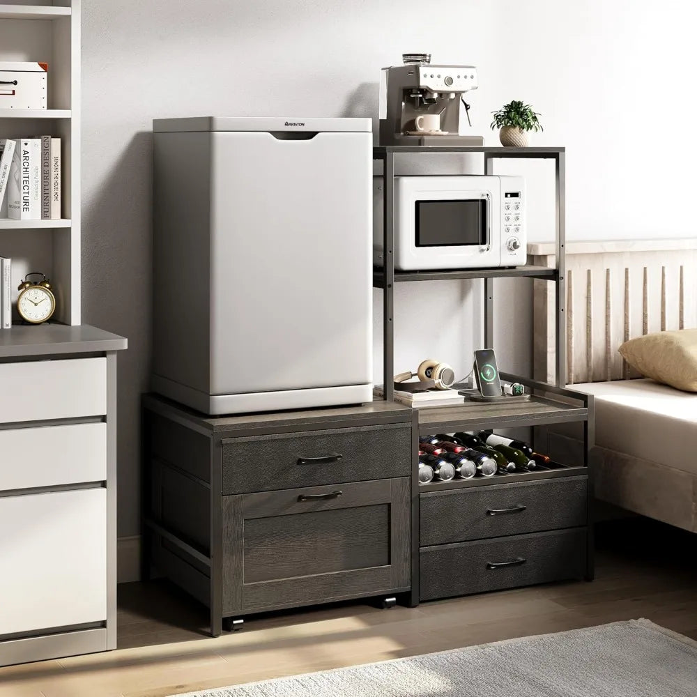 Mini Fridge Stand With Wine Rack And Power Outlet Movable