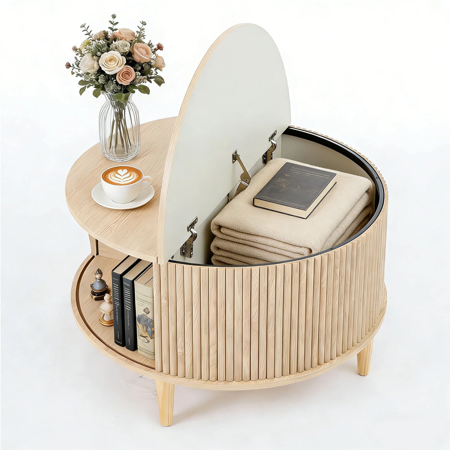 JHK Round Coffee Table With Flip Top Storage 2 Tier