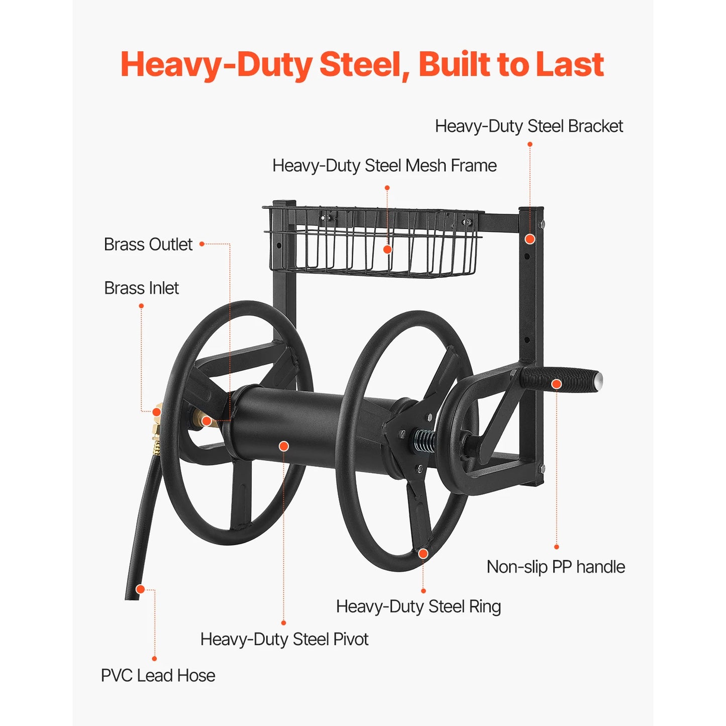 SucceBuy Wall Mounted Garden Hose Reel With Brass Fittings And Basket