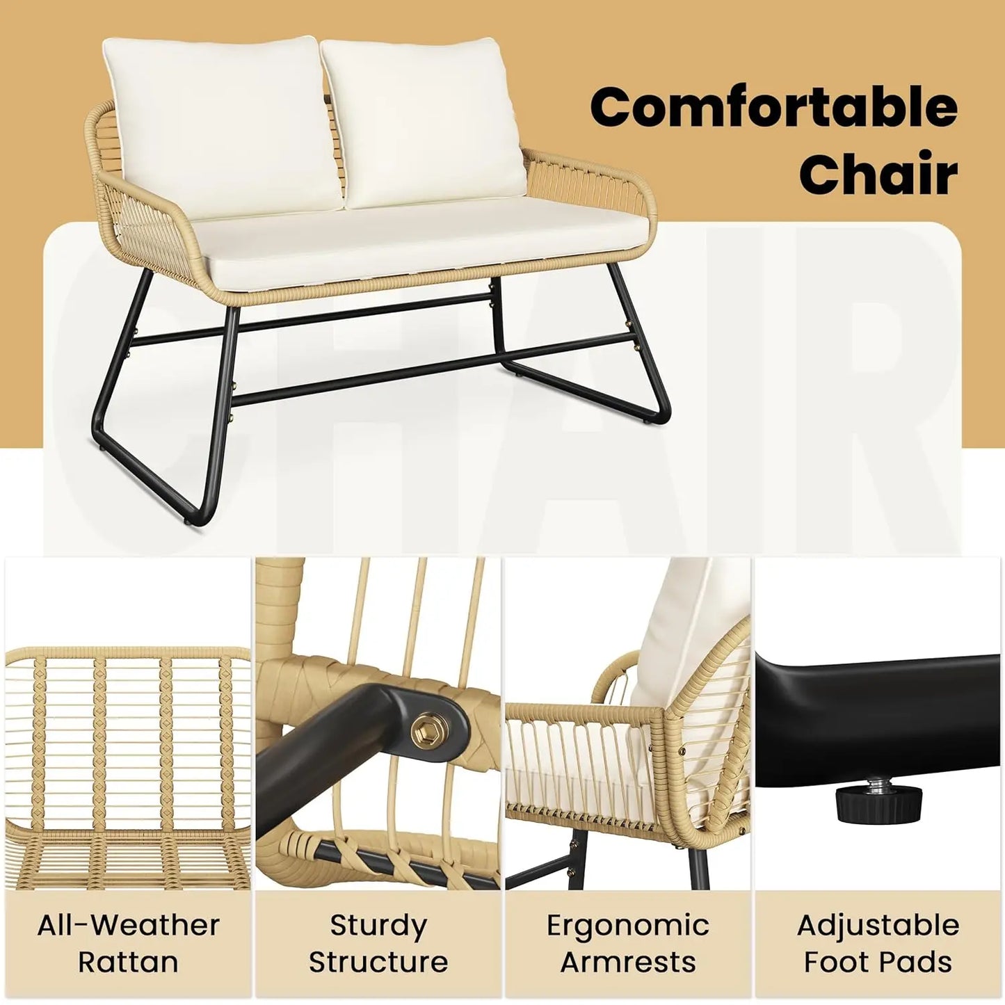 Wicker Patio Set With Cushioned Loveseat And Armchairs Glass Table