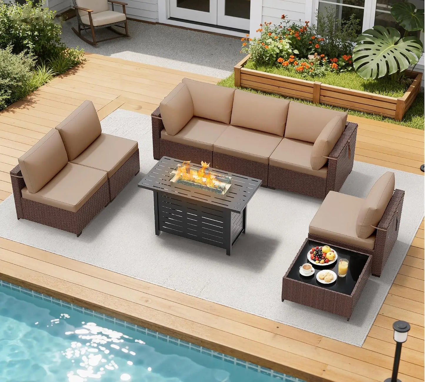 Outdoor Wicker Patio Furniture Set With Firepit Table
