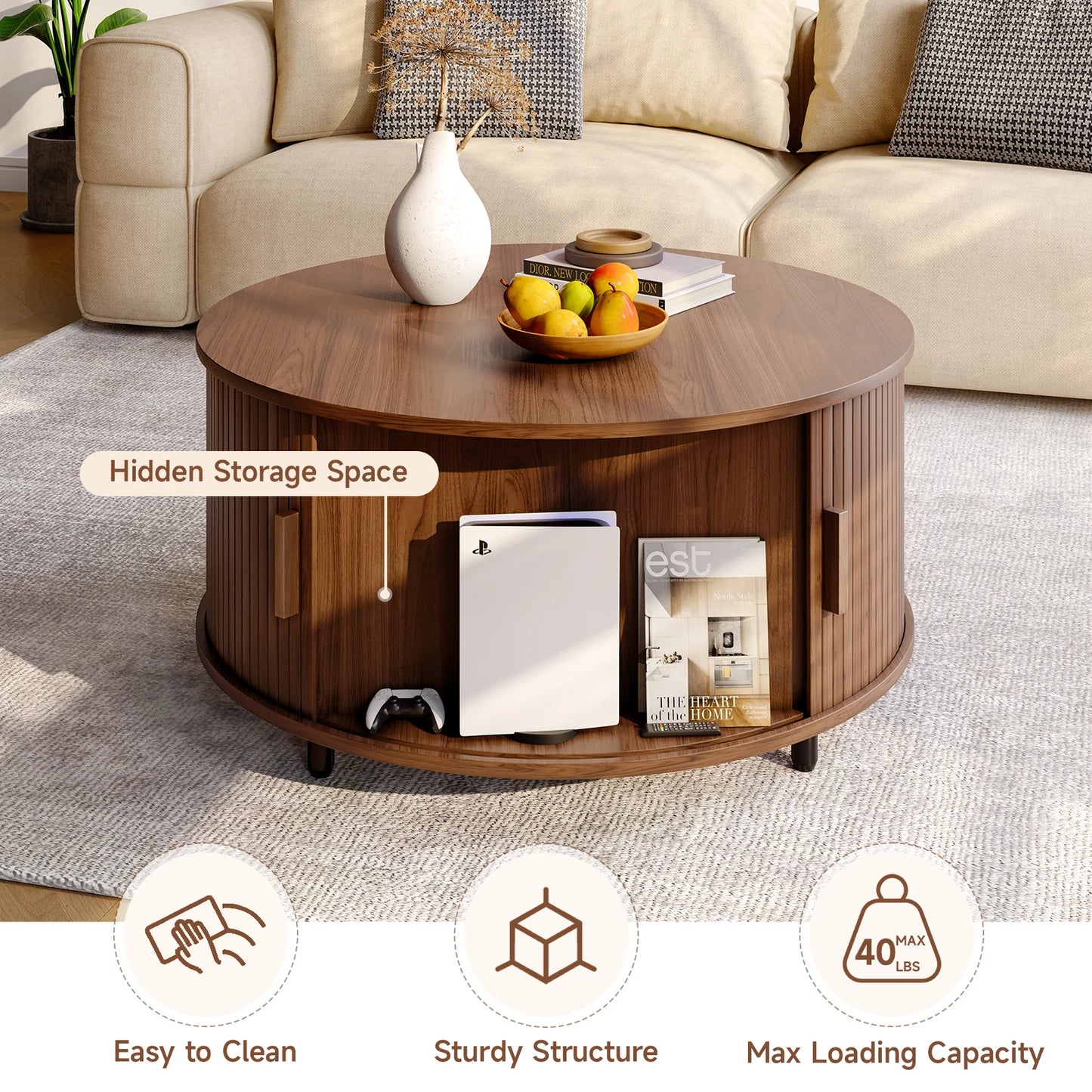 ONBRI Round Coffee Table With Storage