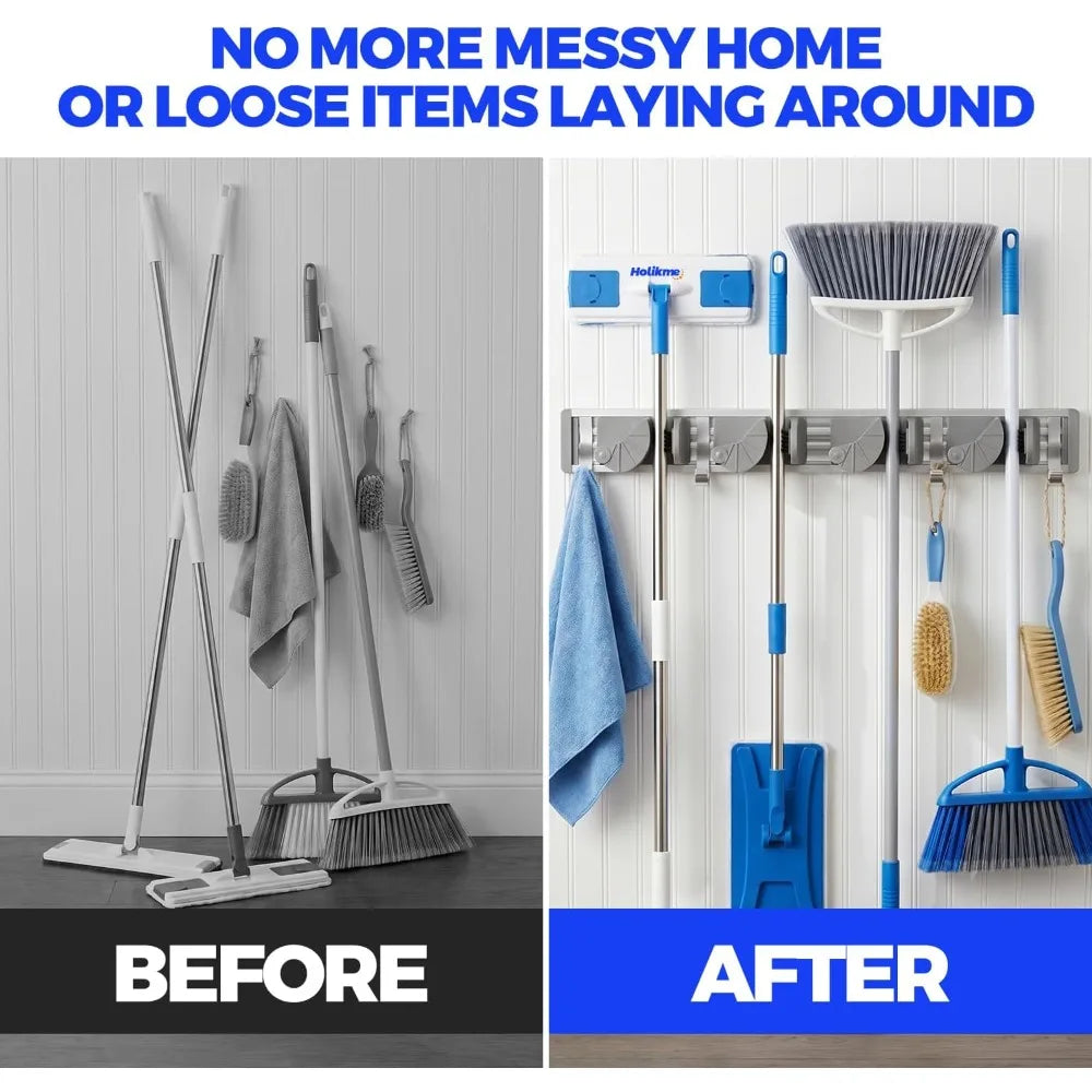 Wall Mounted Mop Broom Holder With Hooks Metal Tool Organizer