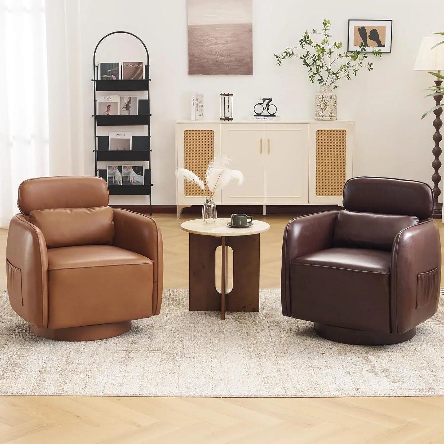 XIAOLANG Swivel Leather Barrel Chair For Living Room Modern Upholstered