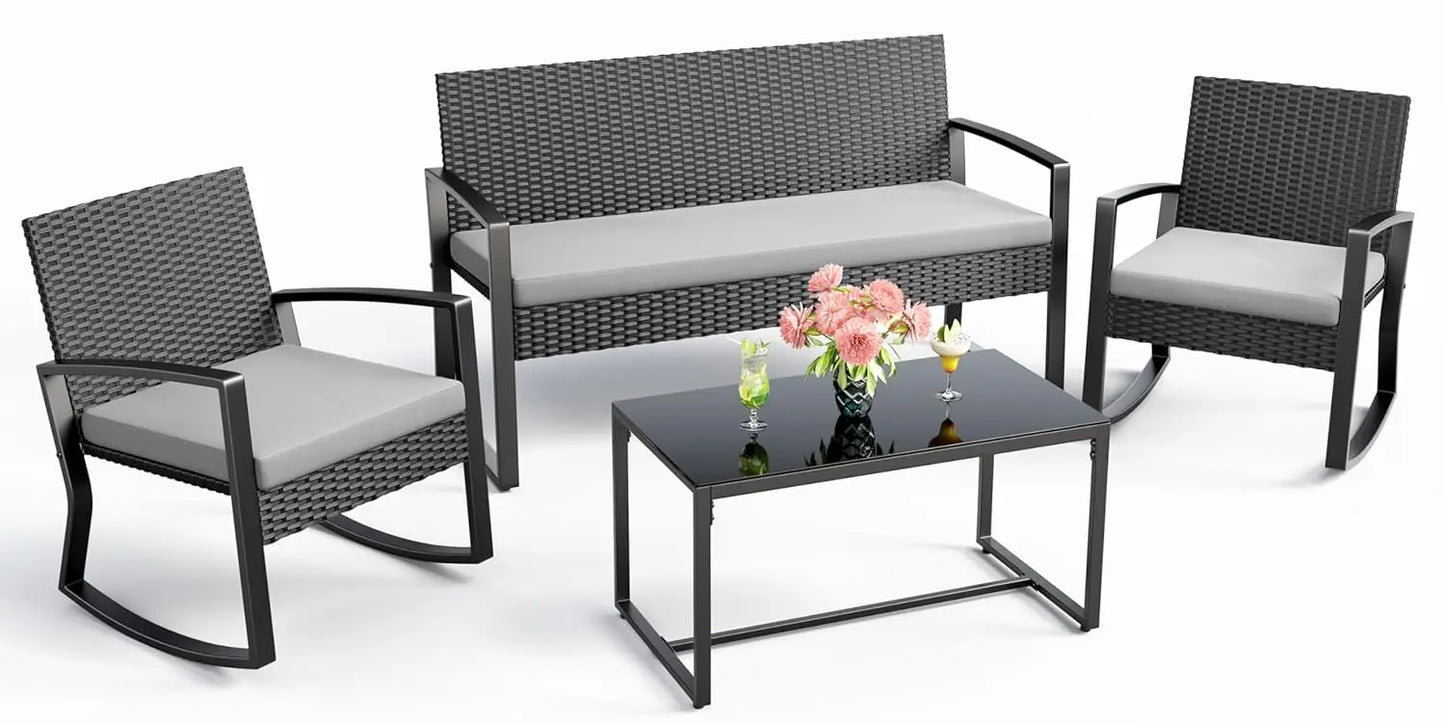 Guangbai Outdoor 4 Piece Wicker Patio Set With Glass Table