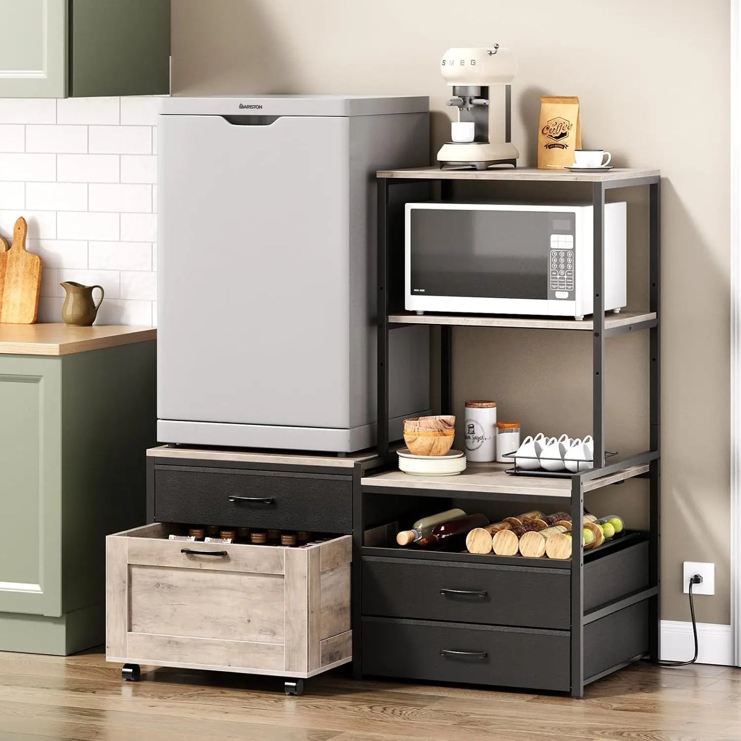 Mini Fridge Stand With Wine Rack And Power Outlet Movable