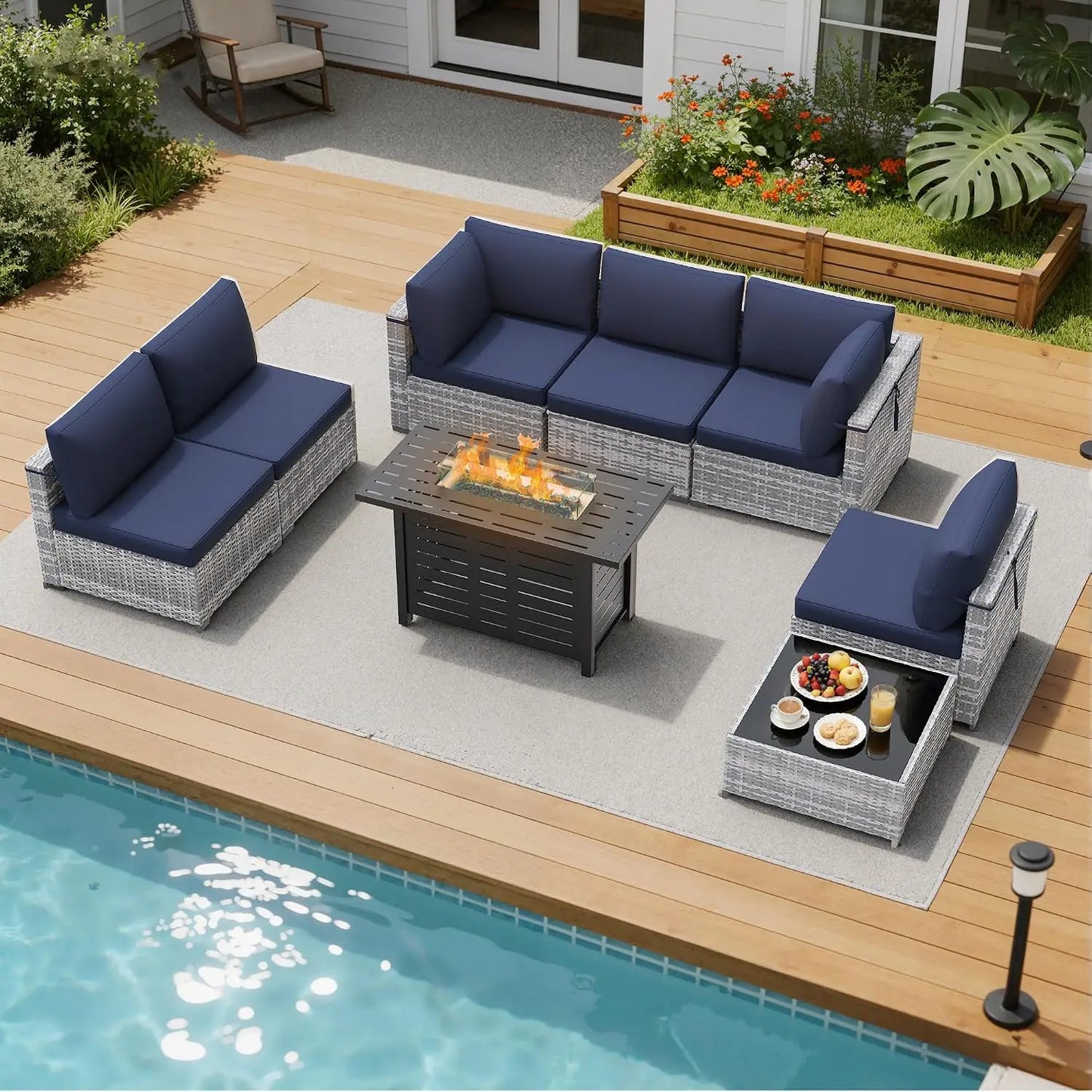 Outdoor Wicker Rattan Patio Furniture Set With Firepit Table