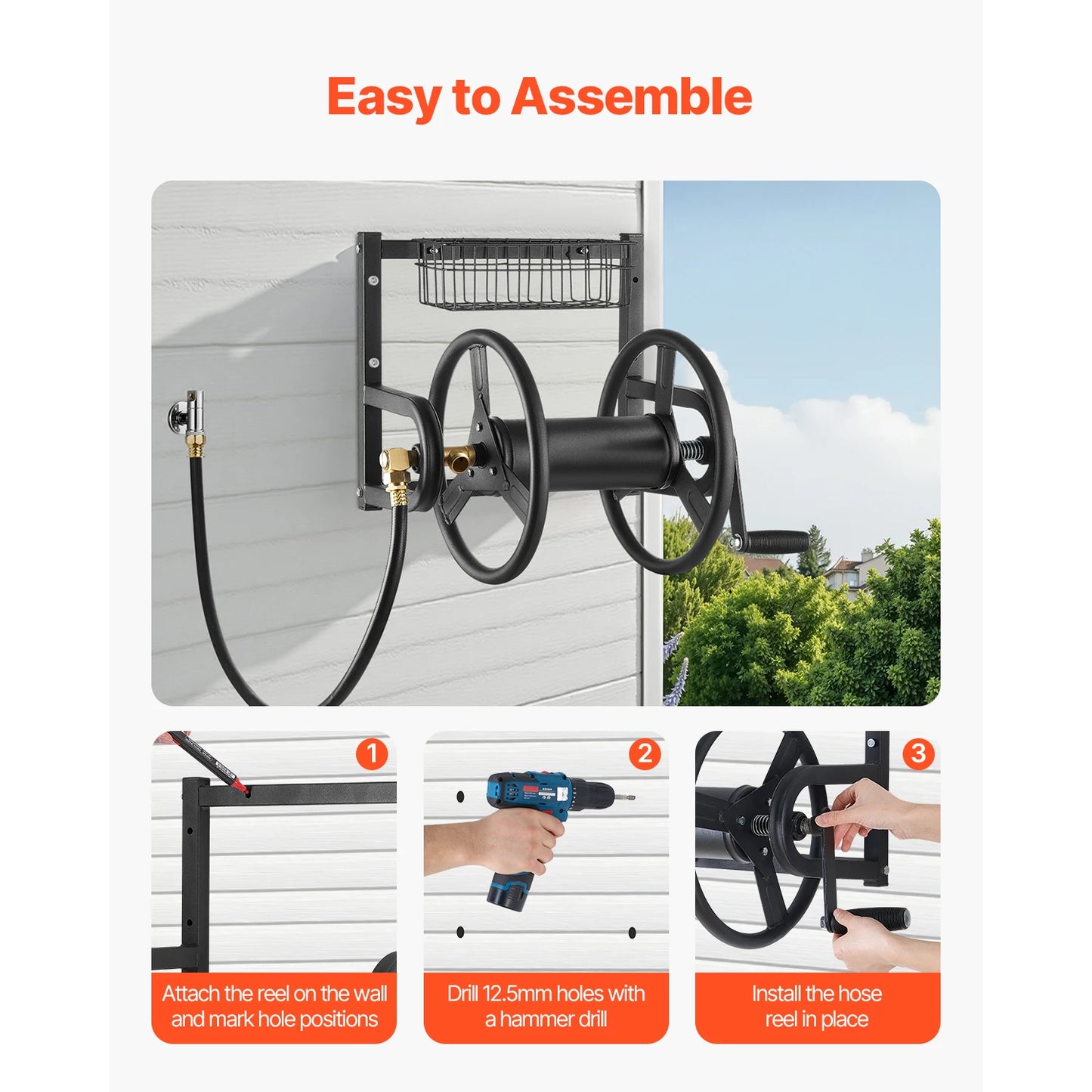 SucceBuy Wall Mounted Garden Hose Reel With Brass Fittings And Basket