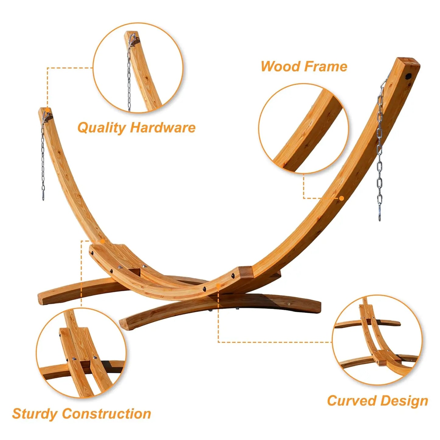 Pine Wood Arc Hammock Stand Outdoor With Carabiners And Chains