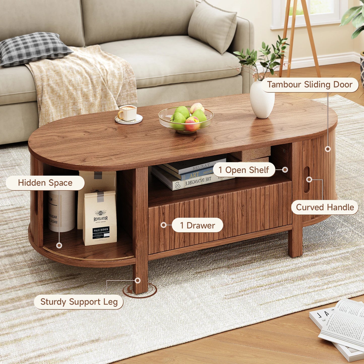 Oval Coffee Table With Storage Cabinets And Sliding Doors