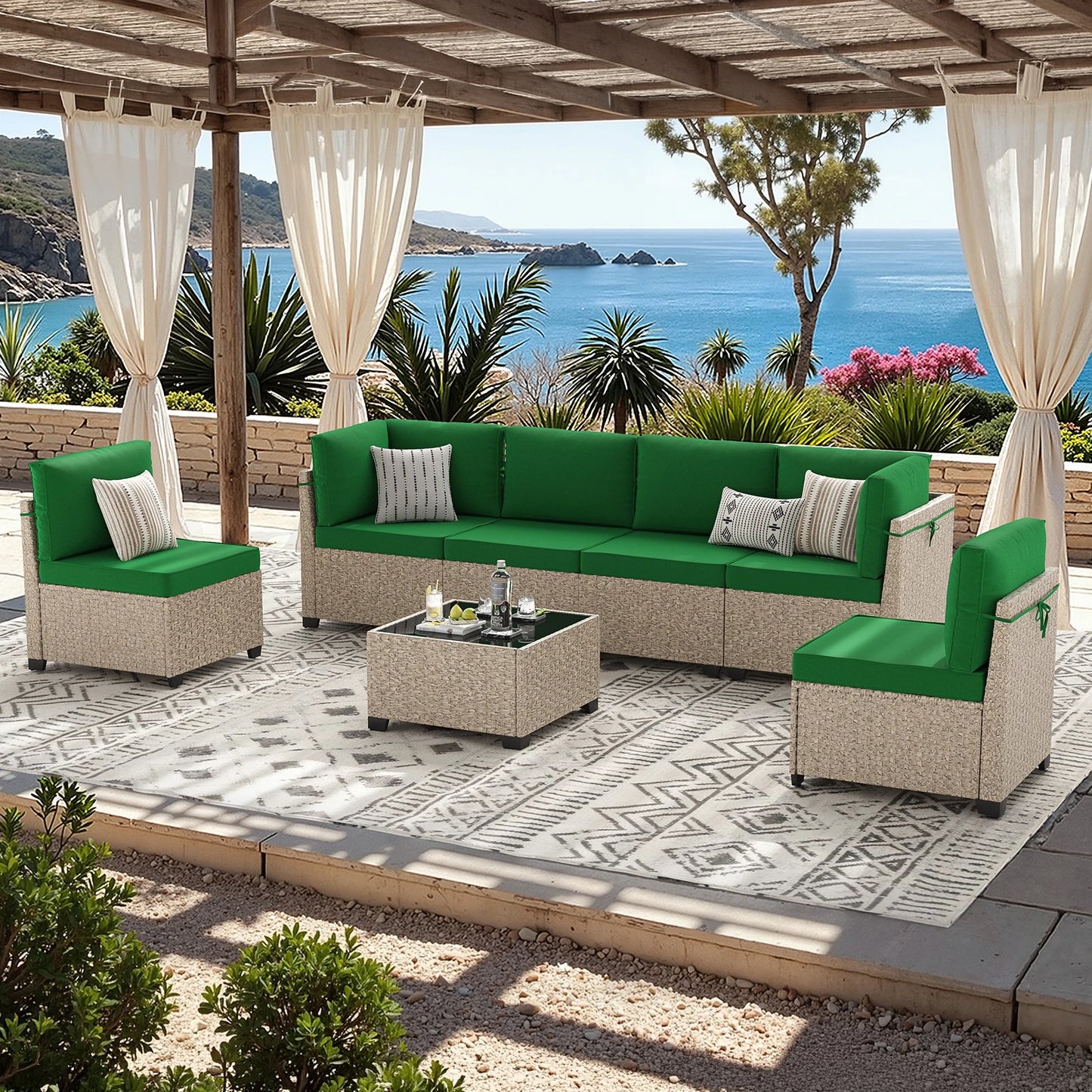 Outdoor Rattan 7 Piece Patio Furniture Set With Tempered Glass Table All Weather