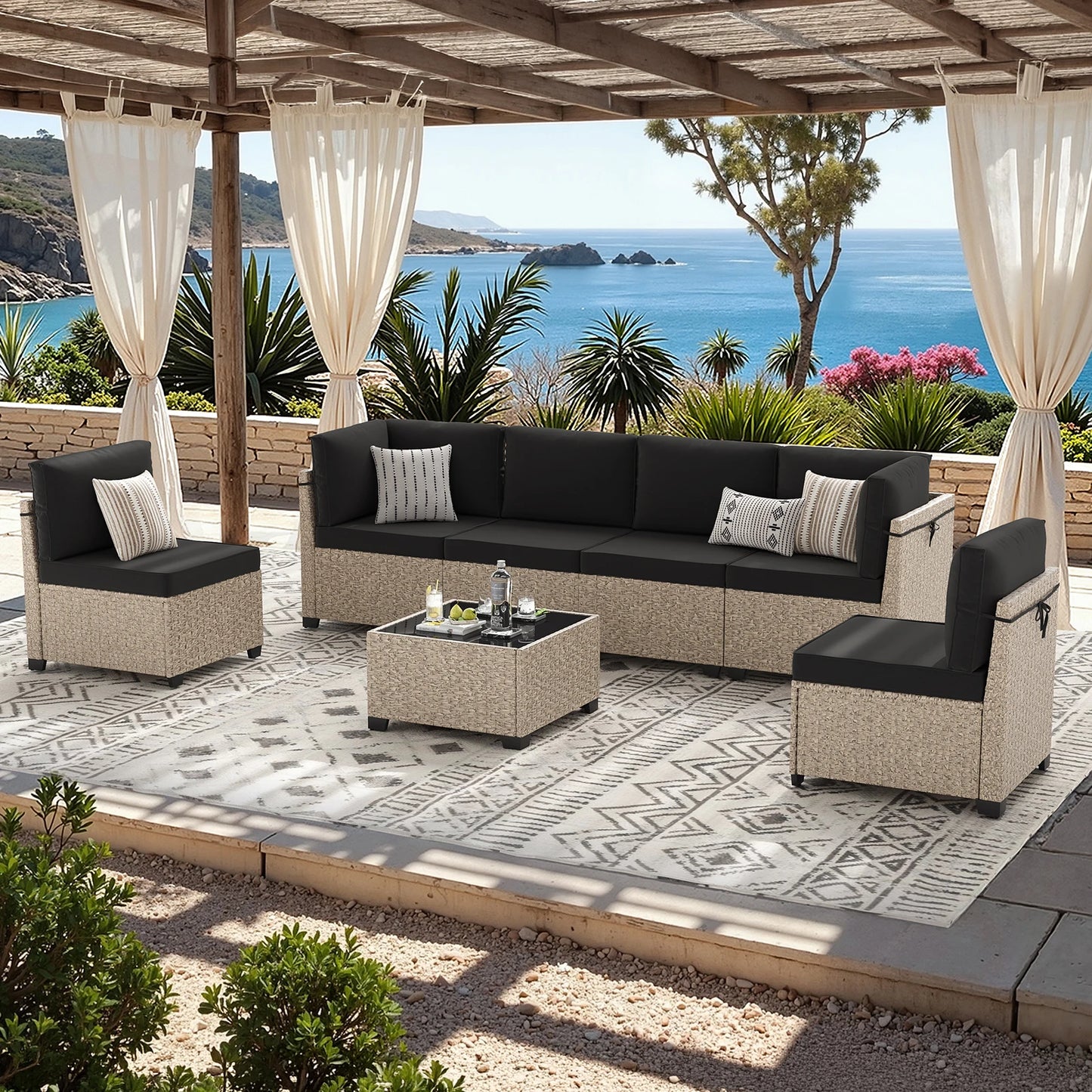 Outdoor Rattan 7 Piece Patio Furniture Set With Tempered Glass Table All Weather
