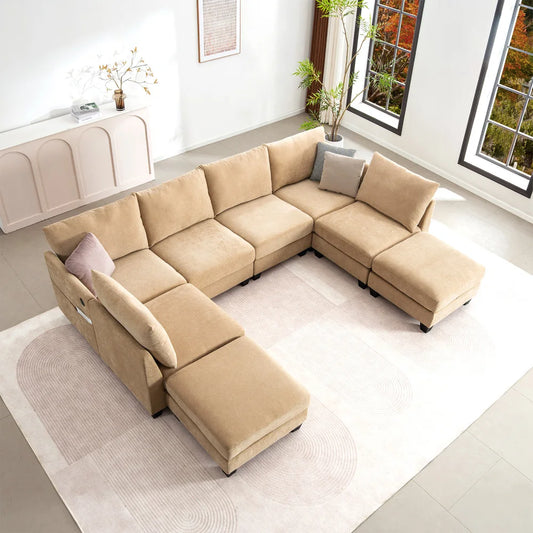 Modern U-Shaped Sectional Sofa With Ottomans, Fabric Living Room Set