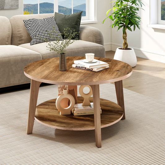 JHK Wood Round Coffee Table With Storage And SlipResistant Feet