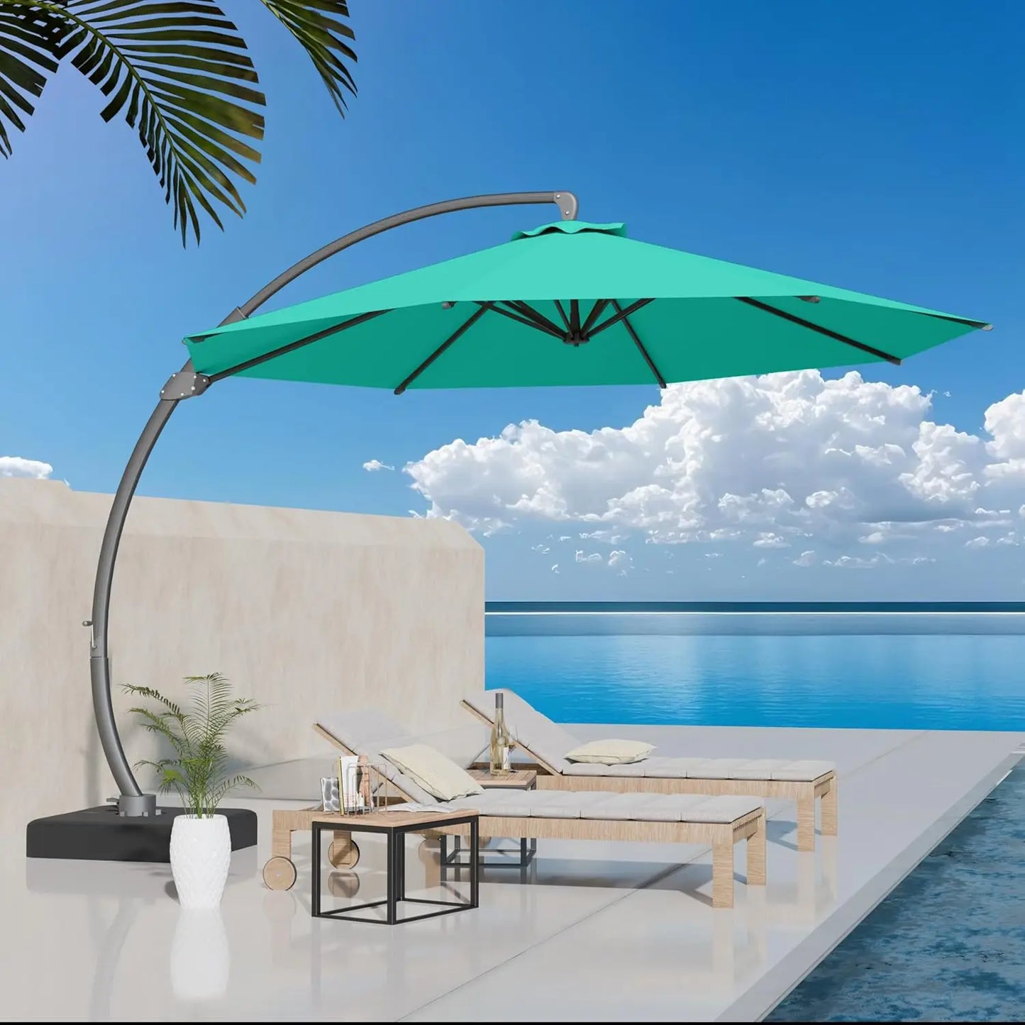 Aluminum Patio Umbrella With Base Cantilever Rotating 360 Degree