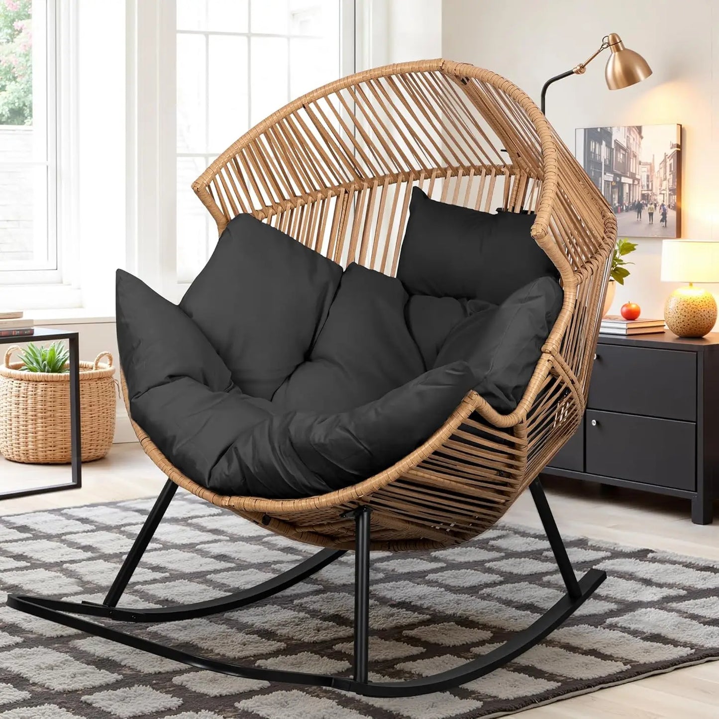 Wicker Rocking Egg Chair With Cushion For Indoor Outdoor Use