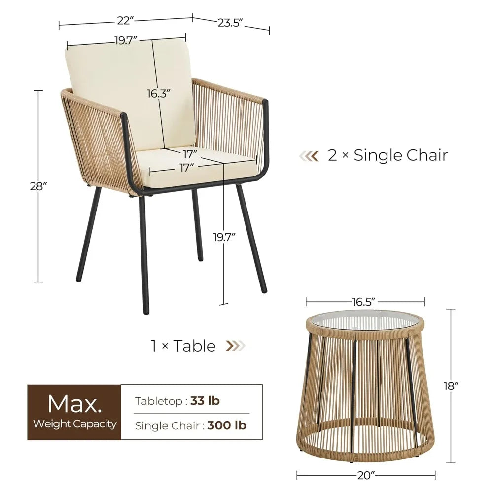 Patio Rattan Bistro Set With All Weather Tempered Glass Table