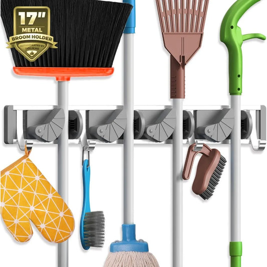 Wall Mounted Mop Broom Holder With Hooks Metal Tool Organizer