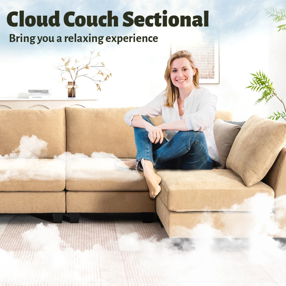 Modern U-Shaped Sectional Sofa With Ottomans, Fabric Living Room Set