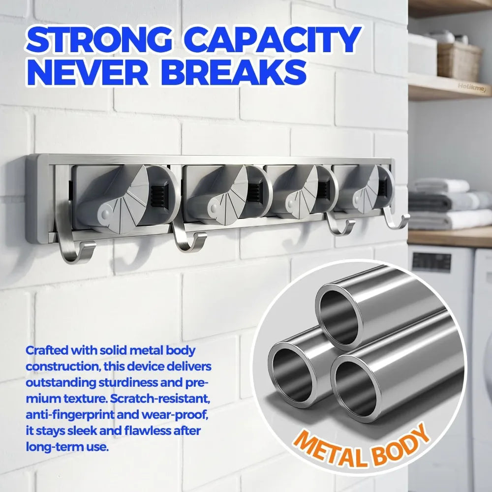 Wall Mounted Mop Broom Holder With Hooks Metal Tool Organizer