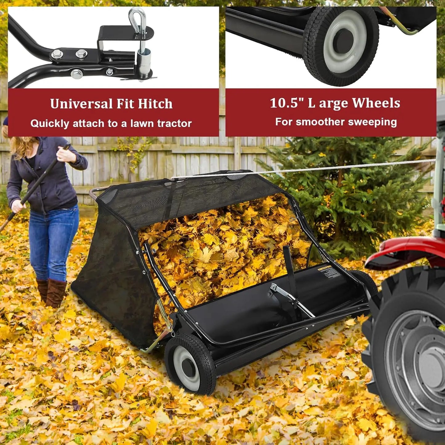 HiMISS Tow Behind Lawn Sweeper With Hopper And Adjustable Height