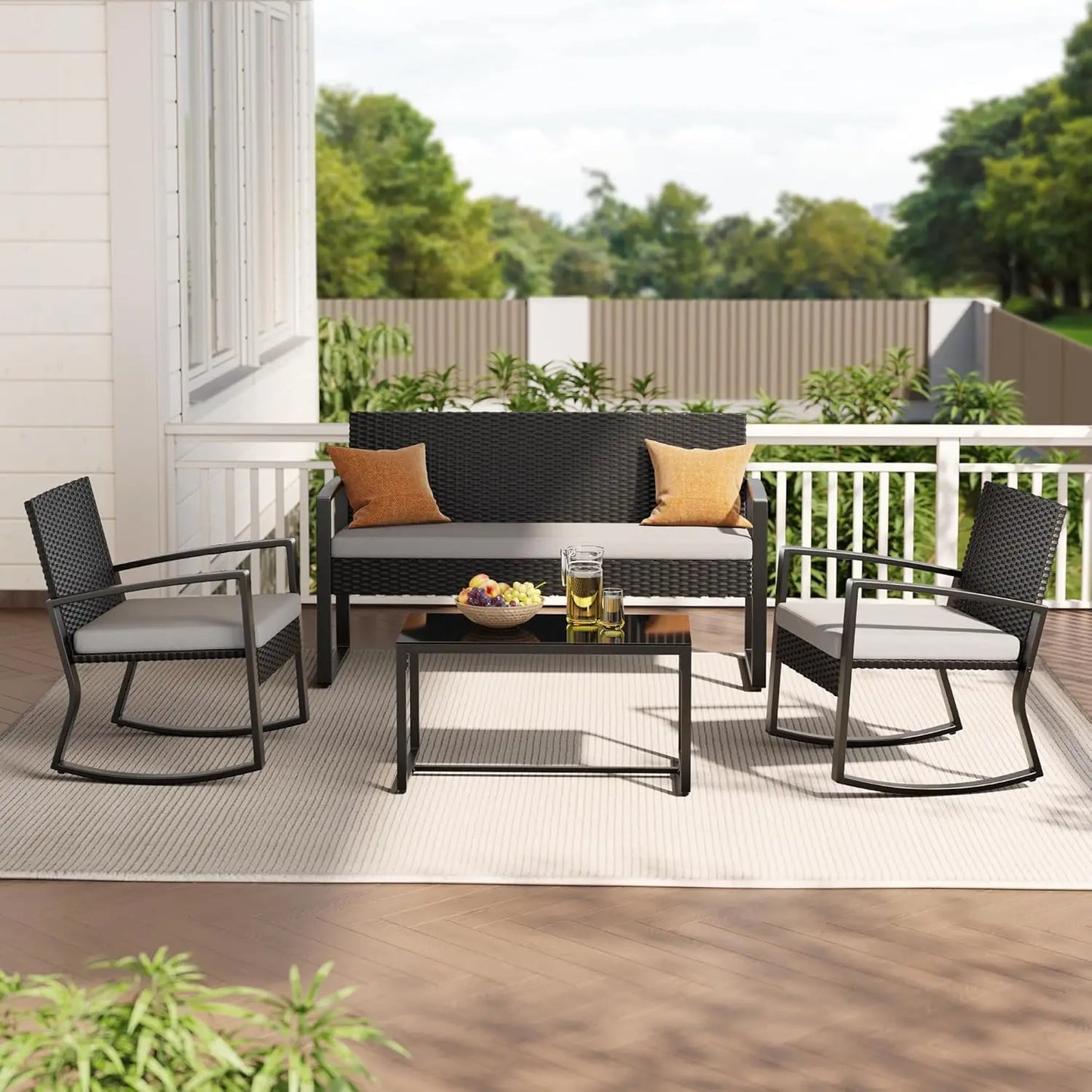 Guangbai Outdoor 4 Piece Wicker Patio Set With Glass Table