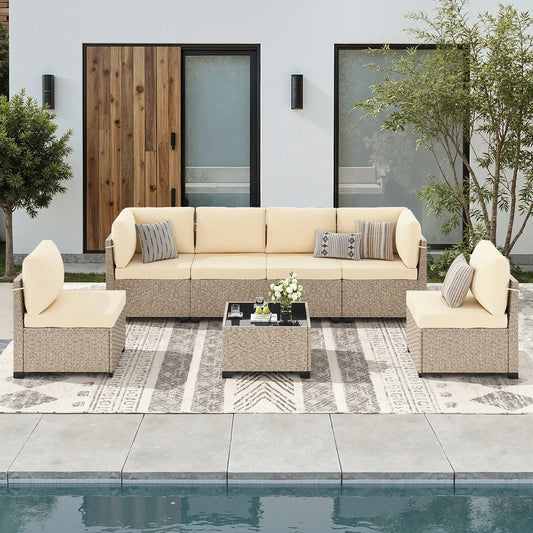 Outdoor Rattan 7 Piece Patio Furniture Set With Tempered Glass Table All Weather