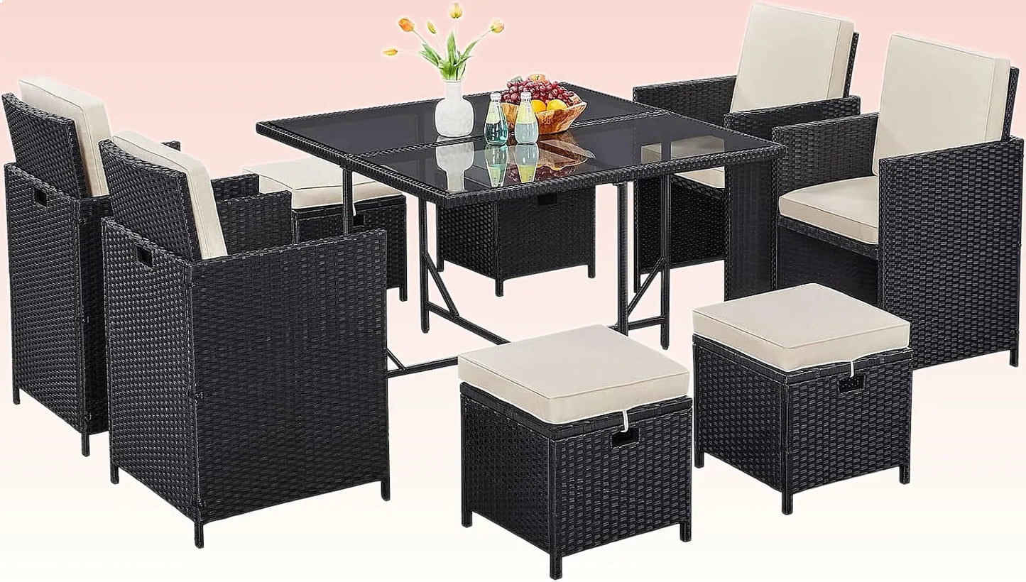 Outdoor Patio Dining Set With Rattan Chairs Glass Table And Removable Cushions