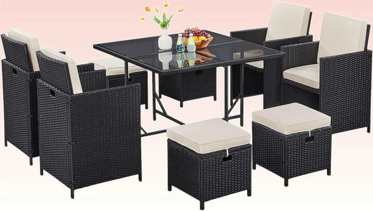 Outdoor Patio Dining Set With Rattan Chairs Glass Table And Removable Cushions