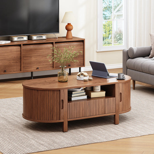 Oval Coffee Table With Storage Cabinets And Sliding Doors