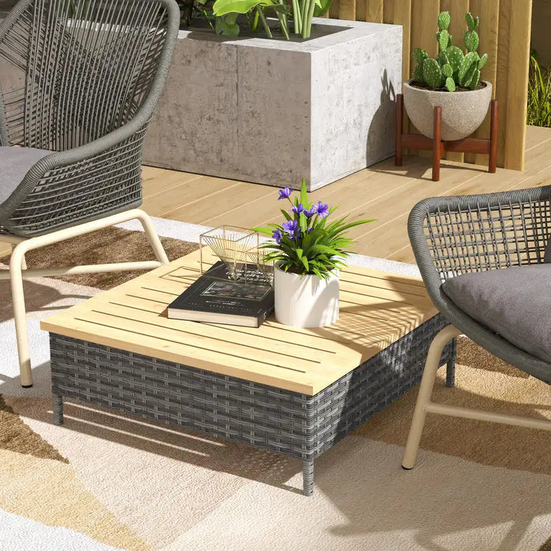 Outdoor Side Table With PE Rattan And Fir Wood Top